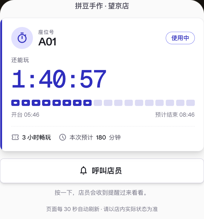 顾客扫码后看到的页面：座位号、还能玩多久、开台与预计结束时间、呼叫店员按钮