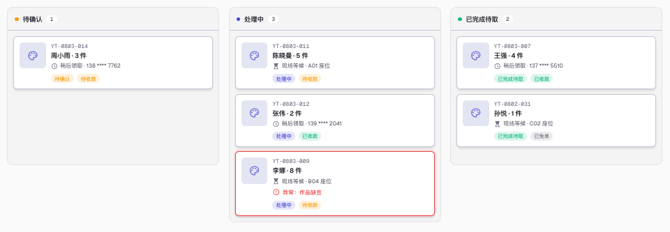 熨烫排队看板：待确认、处理中、已完成待取三列，每单显示编号、件数与取件方式